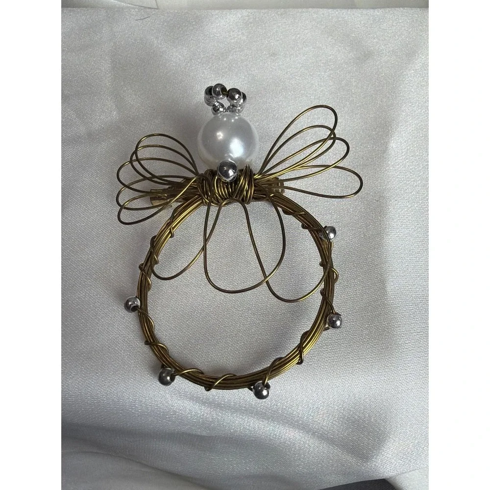 90's Vintage Wire Angel Brooch Pin Faux Pearl Brass Celestial Jewelry